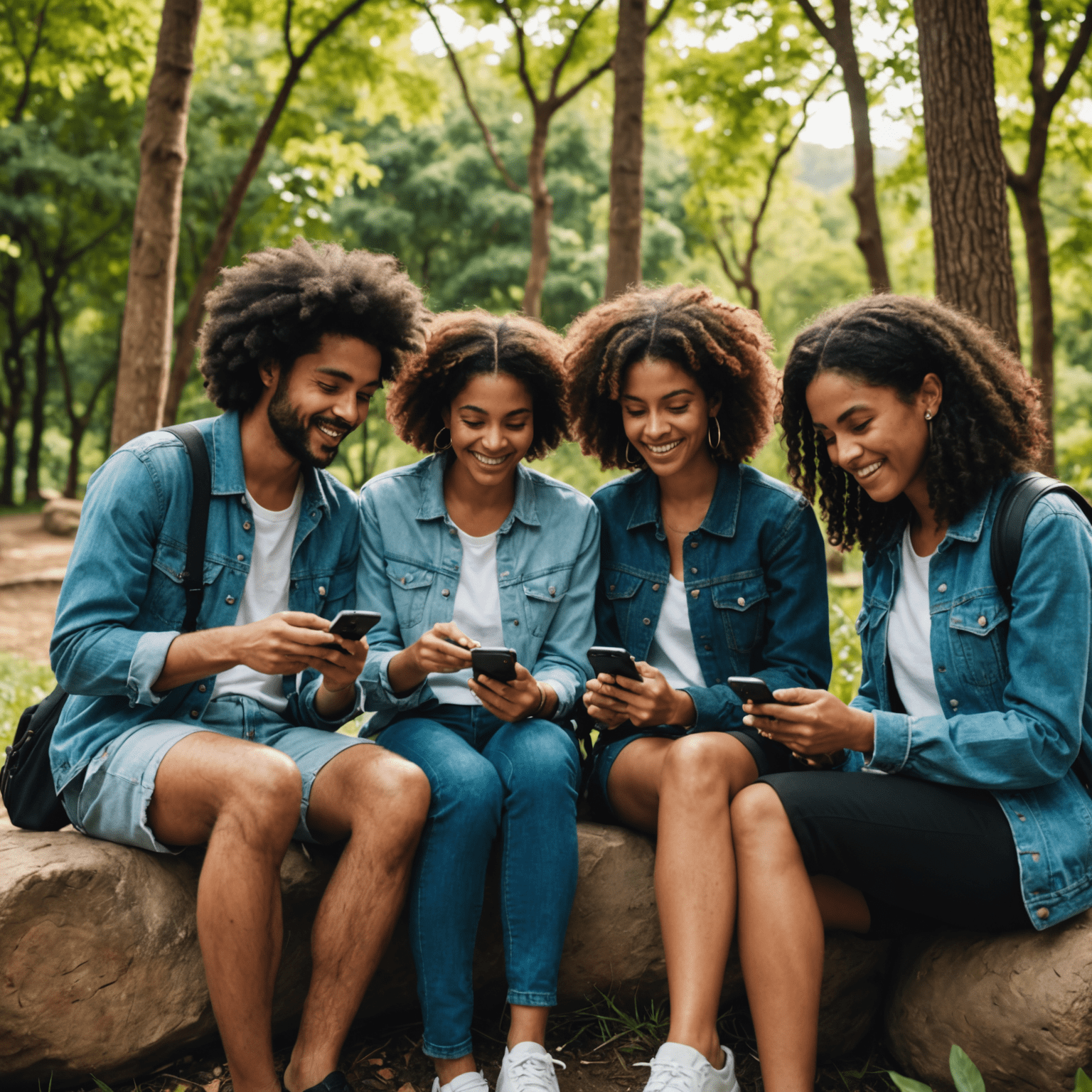 Imagen que muestra a un grupo diverso de amigos usando sus teléfonos móviles en un entorno al aire libre, rodeados de naturaleza, simbolizando la conectividad y sostenibilidad de Amigo Telcel