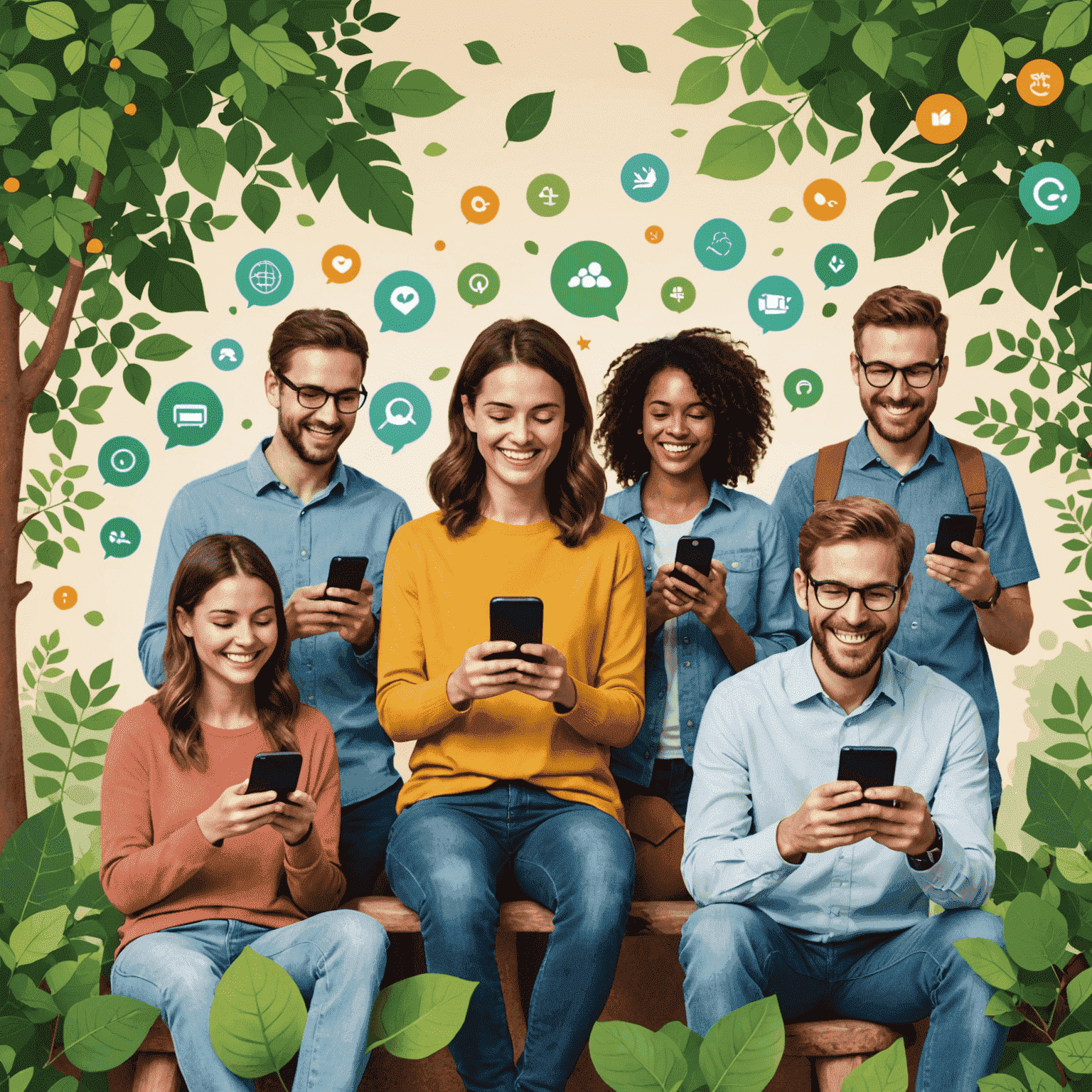 Imagen de personas felices usando sus teléfonos móviles, rodeadas de iconos que representan datos, minutos y mensajes. El fondo muestra elementos naturales como hojas y árboles, simbolizando la sostenibilidad del plan.