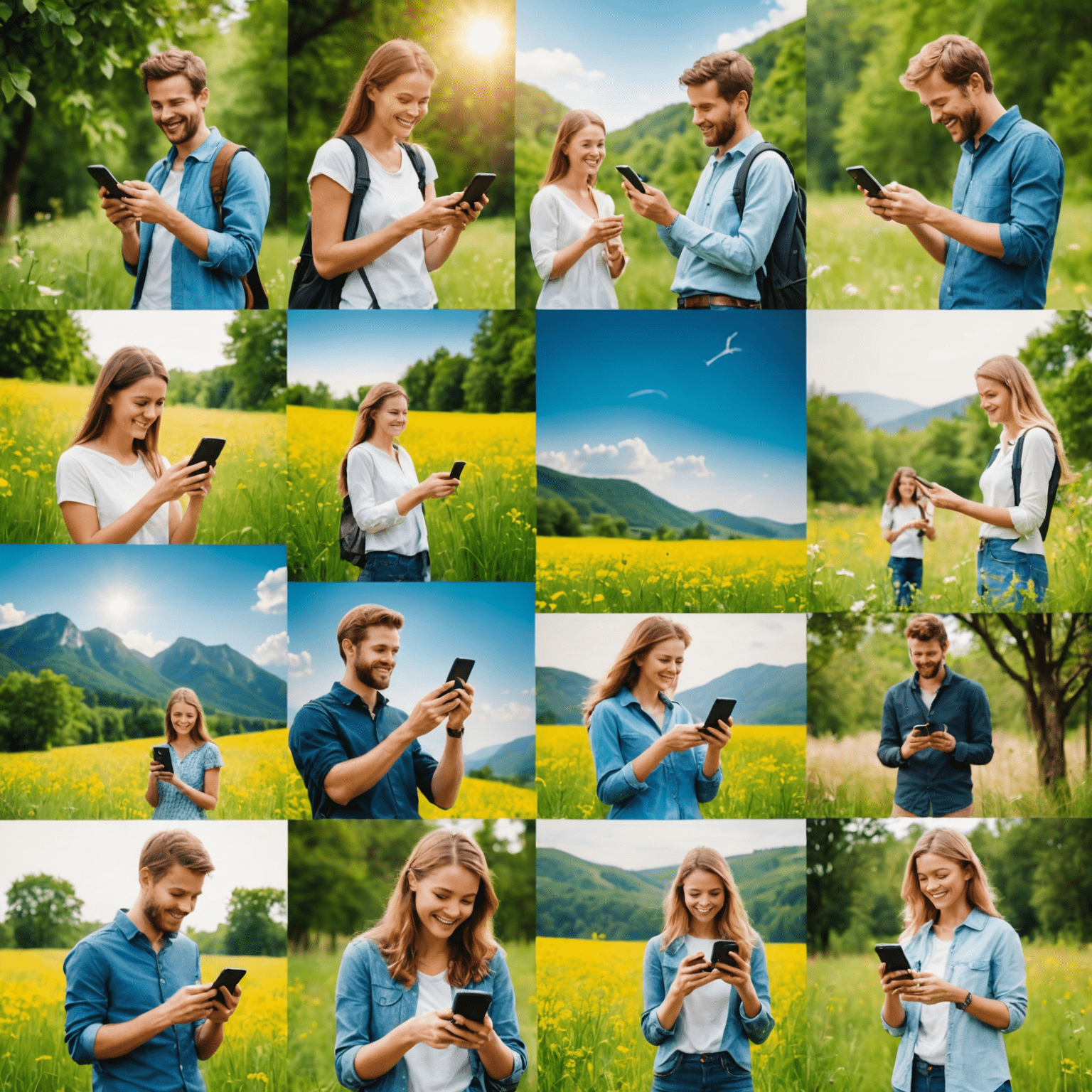 Collage de personas felices usando sus teléfonos móviles en diversos entornos naturales, simbolizando la conectividad sostenible y amigable con el medio ambiente