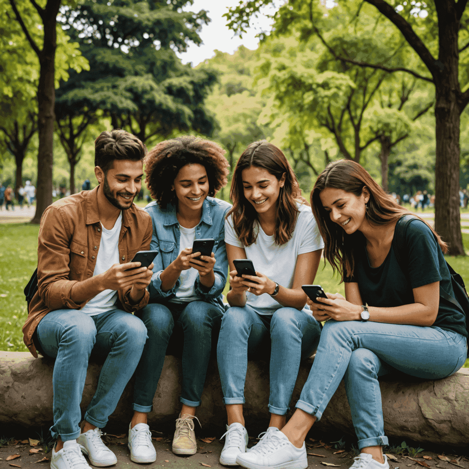 Grupo de amigos usando sus teléfonos móviles en un parque, rodeados de naturaleza, simbolizando la conexión sostenible y la comunidad de usuarios de Internet móvil Amigo Telcel