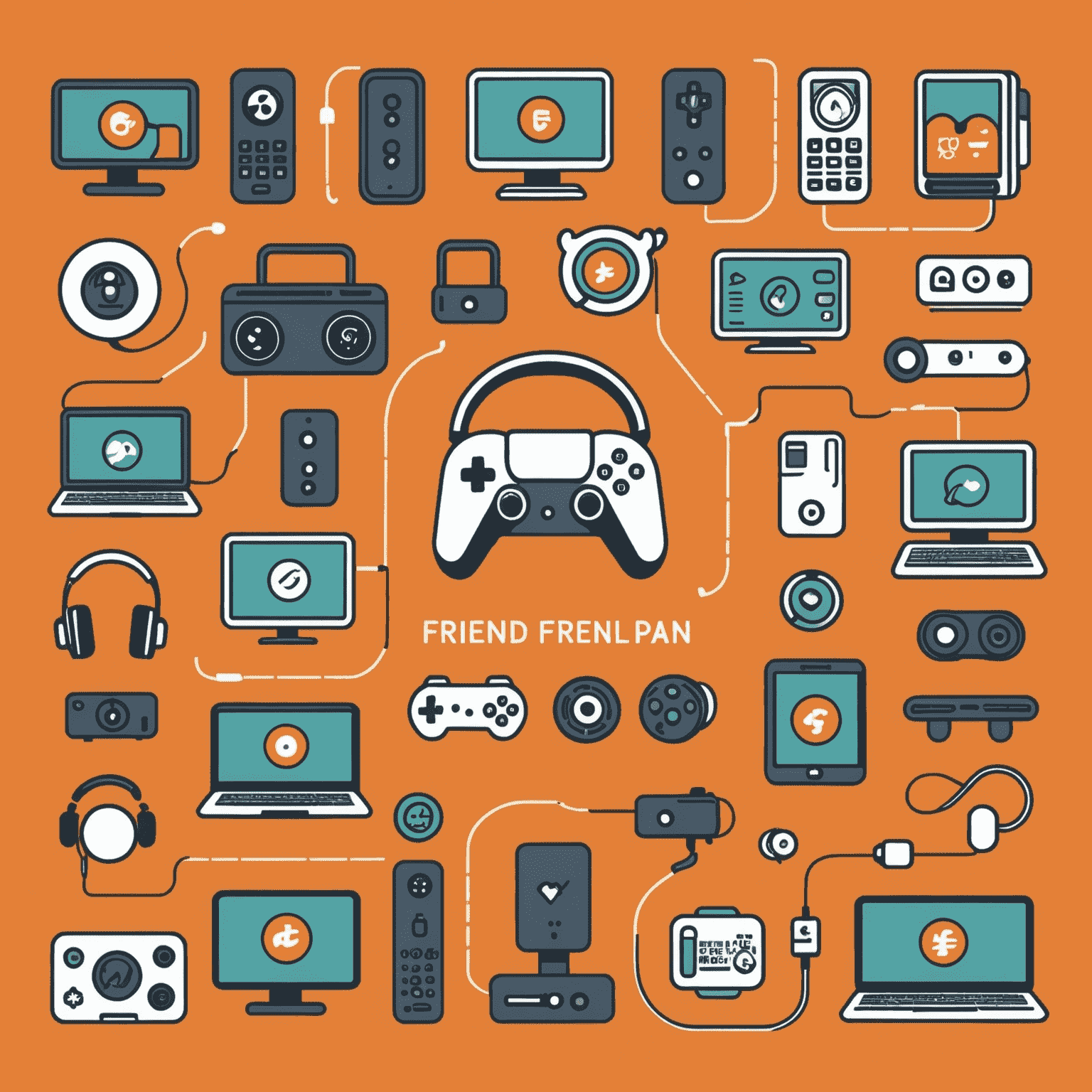 Imagen representativa del Plan Todo Incluido Amigo con iconos de streaming, juegos y trabajo remoto sobre un fondo naranja claro