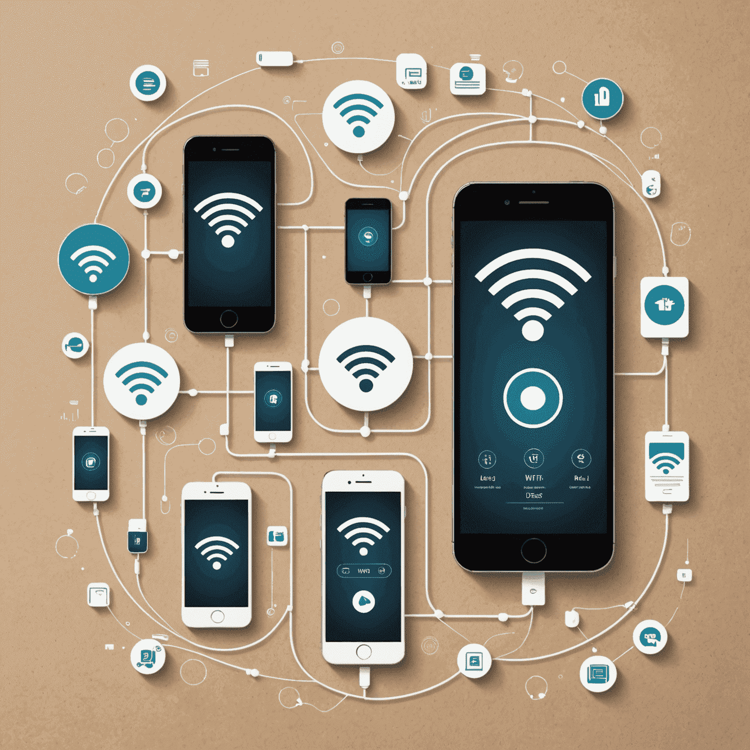 Representación gráfica de dispositivos conectados a una red móvil, con iconos de wifi y datos en un estilo orgánico y minimalista